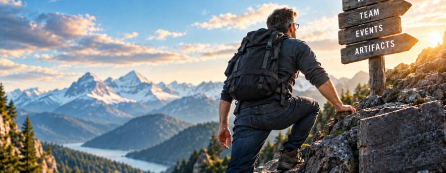 Leader at the top of a mountain with a directional sign.